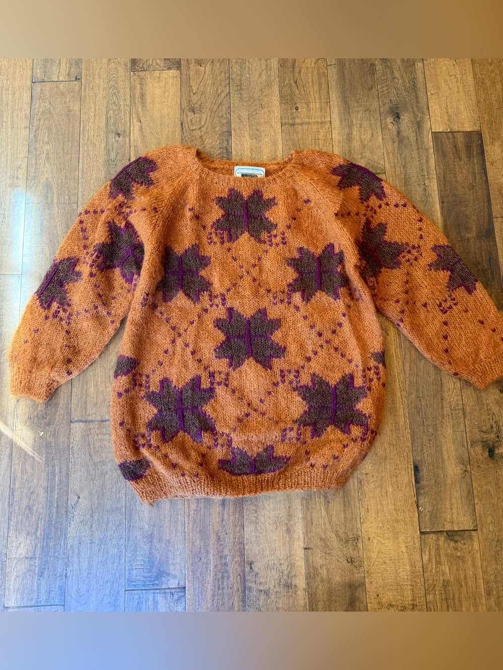 Adrienne Vittadini Orange Crewneck Sweater with Purple Motif